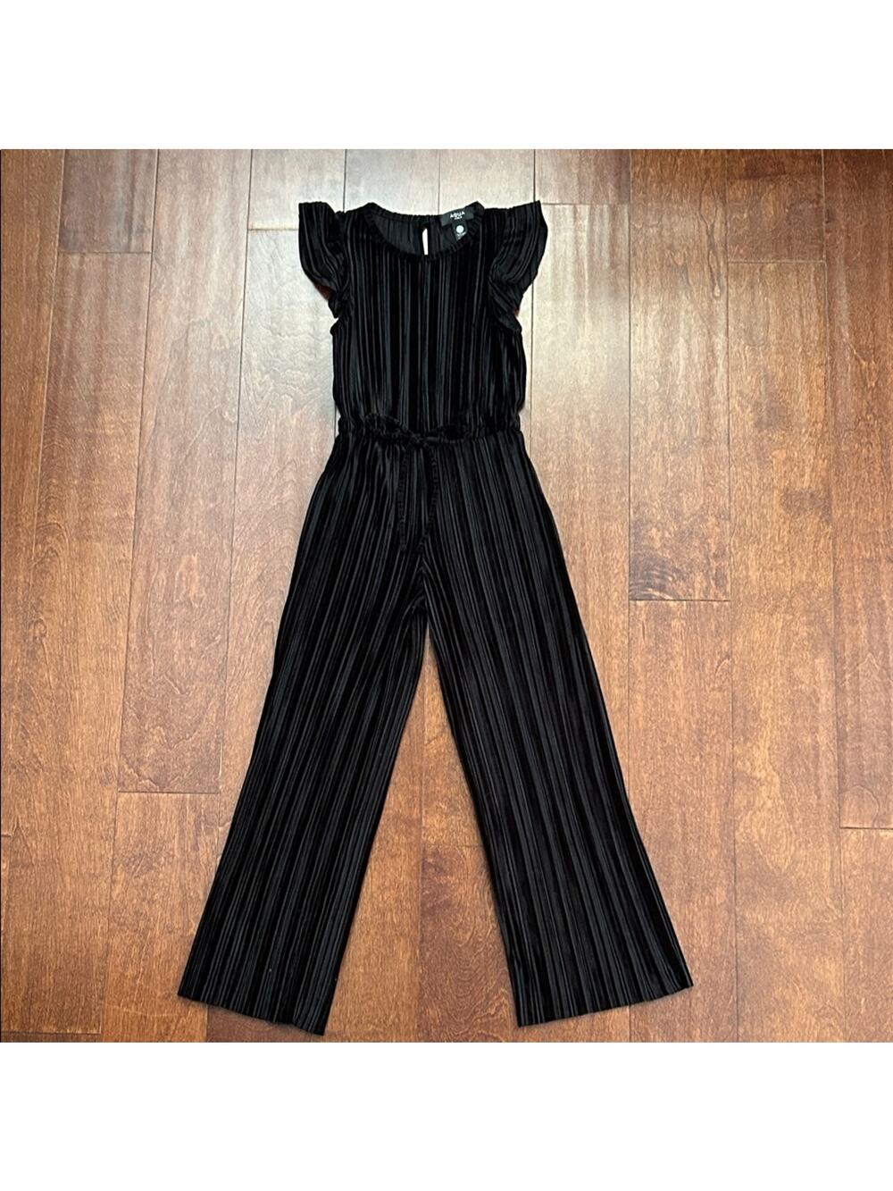 Aqua Kid’s Black Velvet Striped Jumpsuit, Size XXS 4/5